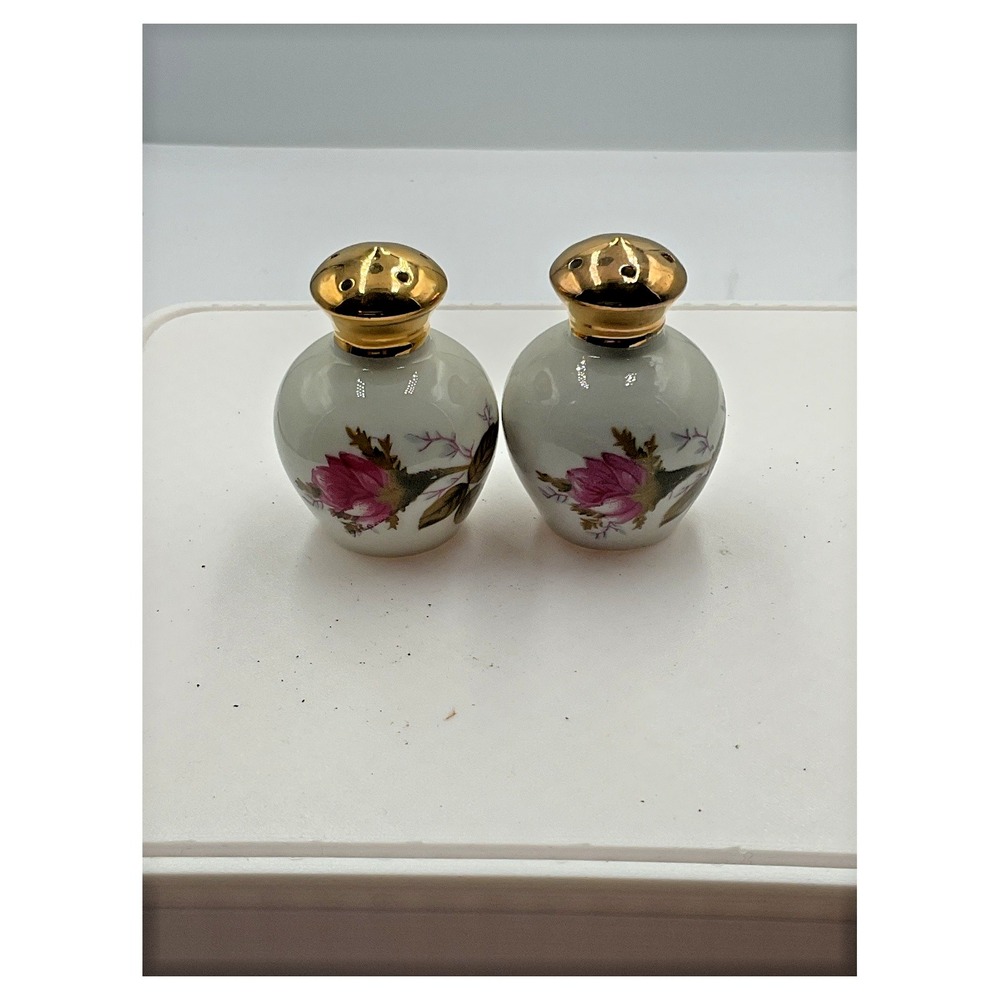 Vintage Floral Porcelain Salt and Pepper Shakers Gold Trim - Picture 1 of 4